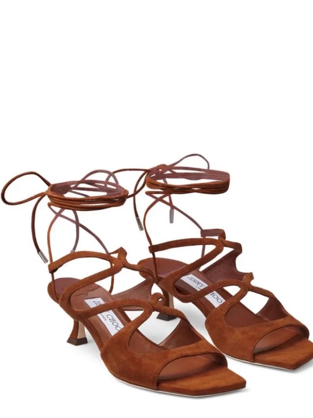 Jimmy Choo Brown Suede Lace-Up Kitten Heel Sandals. Azure 50mm